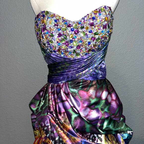 JOVANI HIGH LOW STRAPLESS EMBELLISHED COLORFUL GEM BODICE ANIMAL PRINT GOWN - 6 - Picture 2 of 16